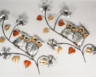        453	2 Metal Wall Sculptures	"In the style of Curtis Jere. 2 Metal wall sculptures with enamel paint, owls on branches.
29""L x 14"" W."