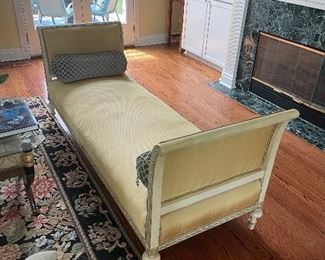 Wonderful vintage to antique daybed in wonderful modern designer silk fabric but showing signs of use. Ready for any fabric or leather to match your decor. This piece is beautiful 