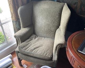 Pair of wing chairs with some wear but designer fabric 