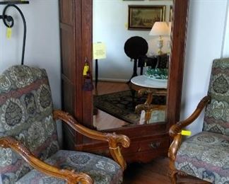 Single mirrored door armoire, iron wall shelf, pair carved wood arm chairs