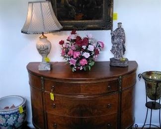 Half round entry chest with marble lamp, Asian coy fish bowl on stand, standing vase/wine cooler