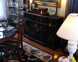 Asian side server with buffet lamps, beautiful area rug