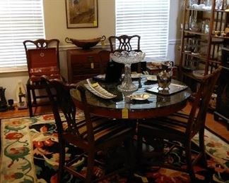 Marble top claw foot dining table, dining chairs, cut and pressed glass
