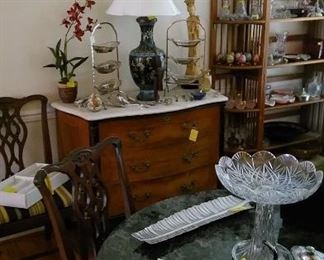 Marble top 3 drawer chest, SP serving pieces, Asian style table lamp