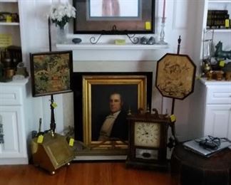 Antique fireplace screens, brass coal charger with scoop, antique portrait of man (instant relative), mantle clock, framed modern art