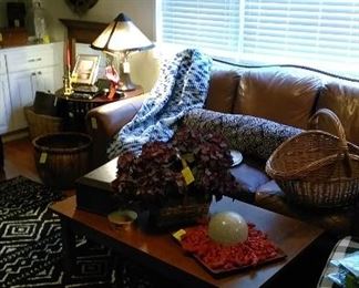 Leather sofa with mission style side table and coffee table (raises to table height)