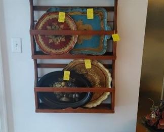 Tole painted trays in a great wall shelf, iron magazine rack
