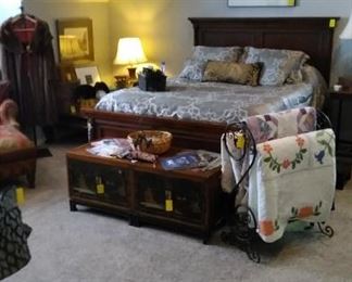 Queen bed, Asian storage cabinets, quilts and quilt racks, mink coat and shawl