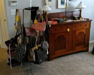 Buffet style cabinet, purses, mission style leaded glass table lamps
