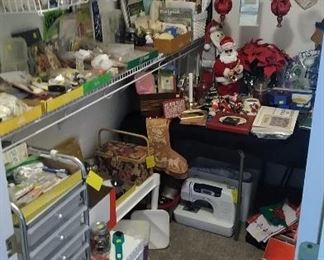 Craft supplies and a little Hanukkah and Christmas, sewing machine, storage containers