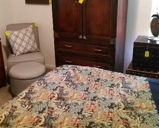 Asian style cabinet, gray side chair and ottoman