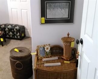 2 drawer wicker cabinet, framed photos of winter scenes. Asian painted dome top trunk