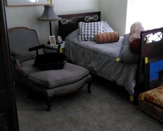 Twin bed, over sided lounge chair with ottoman