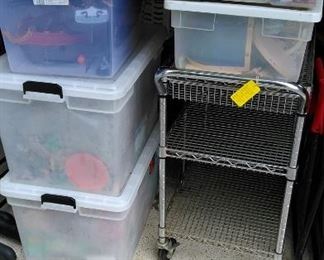 Totes of Playmobil toys, Brio train set, wire cart