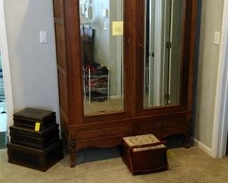 Fabulous Victorian double door armoire (constructed in sections for easy moving), set of three decorated storage   boxes, sewing box