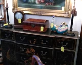 Painted still life on canvas, document box, Seth Thomas mantle clock, Andrea by Sadek hand painted ducks.
