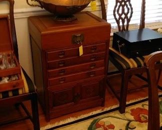 Asian silver chest, hammered copper centerpiece handled bowl