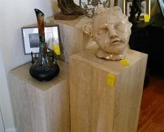 At the top is a driftwood artwork figurine, pottery bust, MCM Haeger art pottery ewer, set of display pedestals.