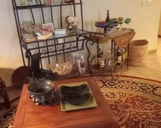 Baker's rack, vintage inlaid tea cart, oriental rug