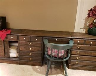 Wood desk, two side cabinets