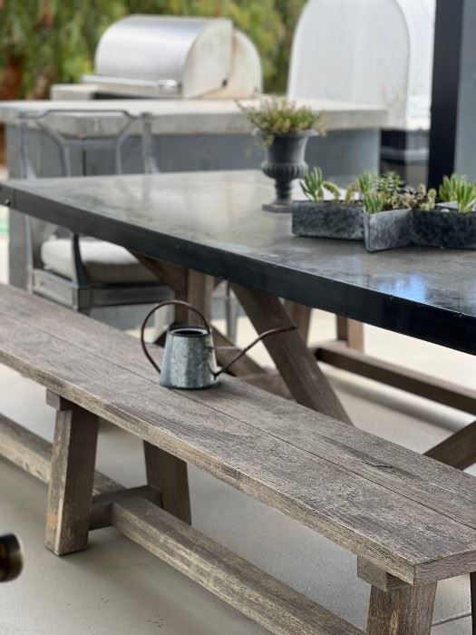 RH CONCRETE AND TEAK OUTDOOR TABLE AND BENCHES