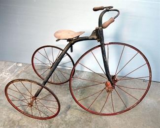 Early 1900's Tricycle With Metal Spring Seat, Wood Handles And Rubber Chord Tread Tires, 31" Tall