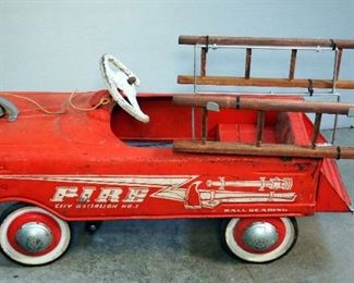 Vintage Murray Fire City Battalion No. 1 Fire Chief Pedal Car With Wood Ladders And Working Bell, 17" x 38" x 15"