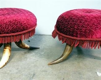 Antique Upholstered Steer Horn Foot Stools, 10" x 13", Qty 2