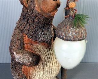 Painted Carved Wood Bears, Qty 2, And Solar Powered Bear Garden Light
