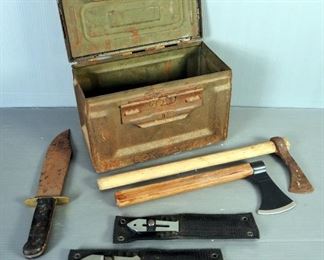 United Cutlery Throwing Knives, Qty 2 Sets, Wood Hatchets, 10" Bowie Knife With Mother Of Pearl Inlayed Handle, And Modern U.S. Ammo Box