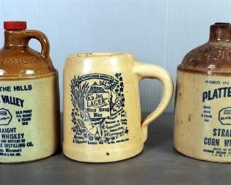 McCormick Platte Valley Corn Whiskey Jugs, Juice Pitcher, Decanter, Crock With Bale Wire Handle, And Lager Mug