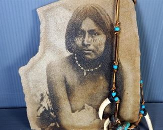 Candelaria Print On Stone With Bead And Tooth Necklace, Antique Beaded Belts, Dried Gourds, Tin Serving Platter And Woven Baskets
