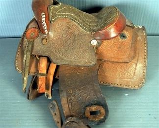 Miniature Tooled Western Leather Saddle, Antique Braided Bull Whip, Yokes, And Twisted Rope