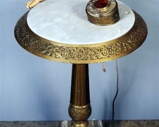 Antique Ornate Brass Rotary Telephone Table With Marble Top, 30.5" Tall x 15.5" Diameter