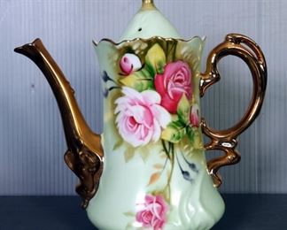 Lefton Hand Painted China Tea Set, Including Coffee & Tea Pitchers, Cookie Jar, Creamer, Sugar, Cups, Saucers, And More, 17 Pieces Total