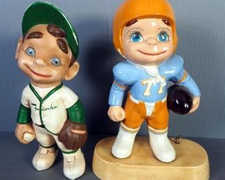 Painted Ceramic Smiley Football Music Box And Baseball Figure, 12" Tall
