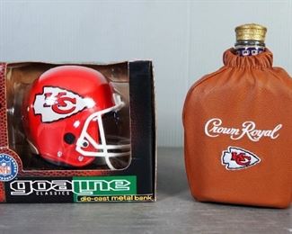 Ertl Die Cast Kansas City Chiefs Coin Bank In Original Box And Kansas City Chiefs Crown Royal Bag