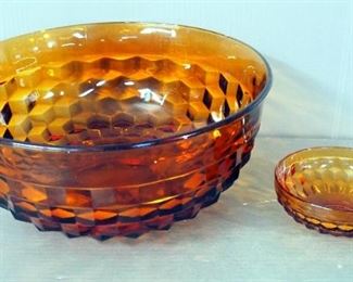Amber Glass 11.5" & 4.5" Serving Bowls, Libbey Country Garden Juice Tumblers, Qty 2, And Carnival Glass Bowls, Qty 2