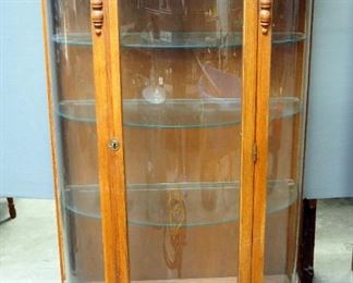 Solid Oak Curved Glass Curio Cabinet With Adjustable Glass Shelves, Includes Key, 60" x 35" x 15"