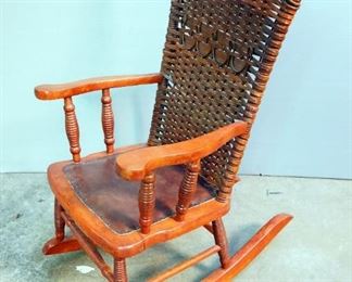 Childs Wicker Rocker With Leather Seat, 27" Tall