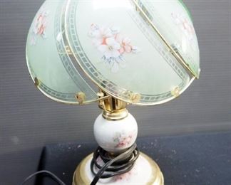 Brass Tone And Porcelain Accent Lamp With Glass Shade 15" Tall