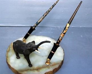 Vintage Stone and Metal Elephant Themed Fountain Stand With 2 Pens