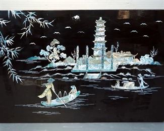 Far Eastern Mother Of Pearl Inlaid Pagoda Riverscape 15.5" x 23.5"