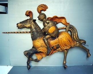 Vintage Midieval Fiberglass Jousting Knight On Horse Wall Ornament 36" x 48"