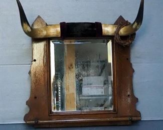Antique Wood Framed Wall Mirror Towel Rack With Bulls Horn Crown 20" x 22"
