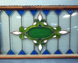 Antique Decorative Leaded Stained Glass window Pane With Chain 13.25" x 22.5"