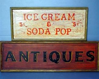 Wood Sign "Antique" Double Sided 10" x 32" And "Ice Cream And Soda Pop " 10.5" x 24"