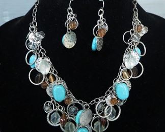 Silver Toned Necklace With Turquois And Glass Bead Adornment And Matching Earrings