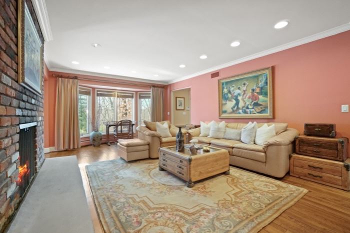 Natuzzi leather, Aubusson design carpet, Blair House coffee table