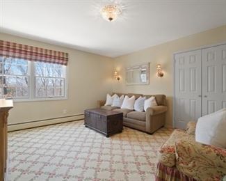 Chenille sofa, Blair House metal trunk coffee table, chintz chair and ottoman